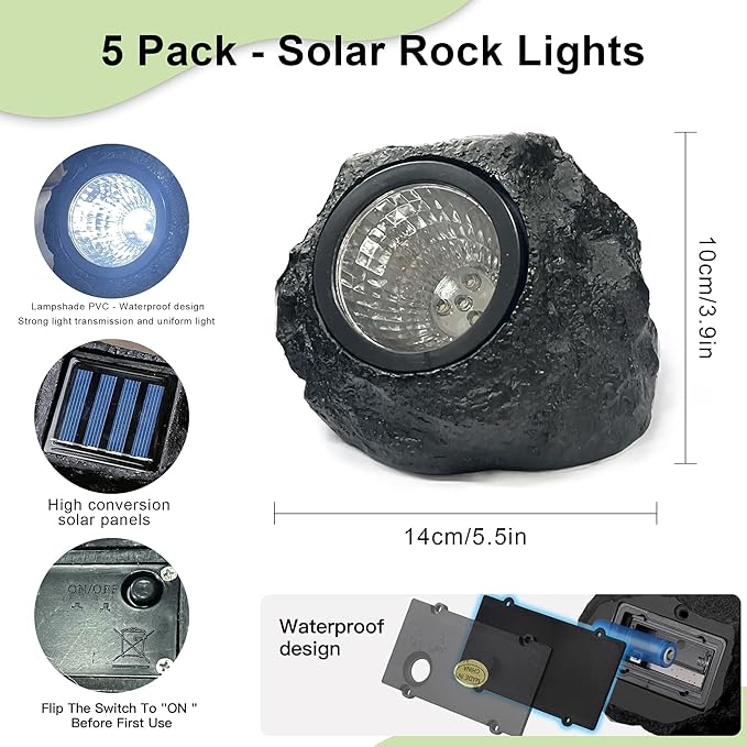 LIYAOLI Solar Rock Landscape Lights - 5 Pack Waterproof IP65 Fake Stone Solar Lights for Garden Pathways | Outdoor Ground Lighting with Auto On/Off & White LEDs