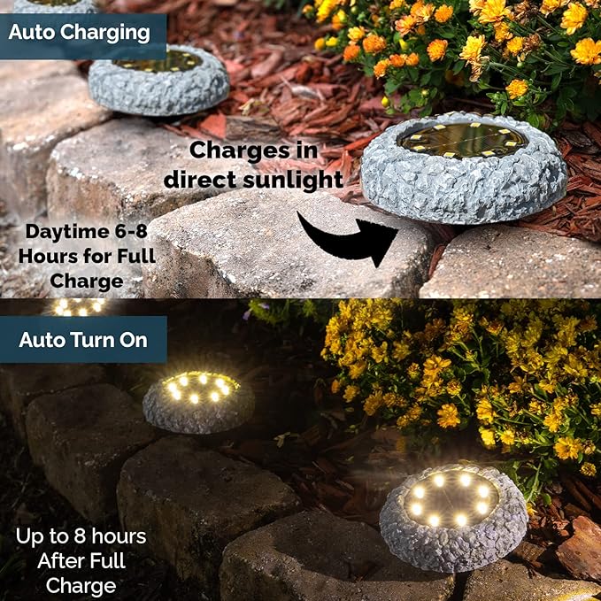 Morvat Grey Rock Solar Lights Outdoor Waterproof | Decorative Disk Lights for Outdoor Pathway | Garden Stones with Stone-Like Texture & IP44 Weatherproof Rating | Rock Solar LED Lighting, 6 Pack