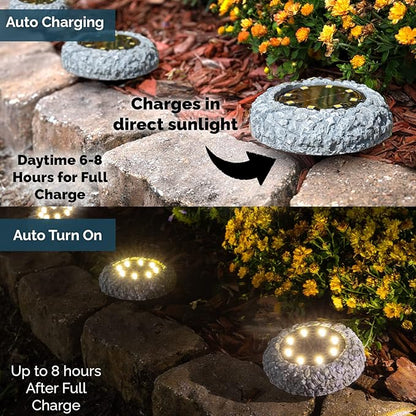 Morvat Grey Rock Solar Lights Outdoor Waterproof | Decorative Disk Lights for Outdoor Pathway | Garden Stones with Stone-Like Texture & IP44 Weatherproof Rating | Rock Solar LED Lighting, 6 Pack