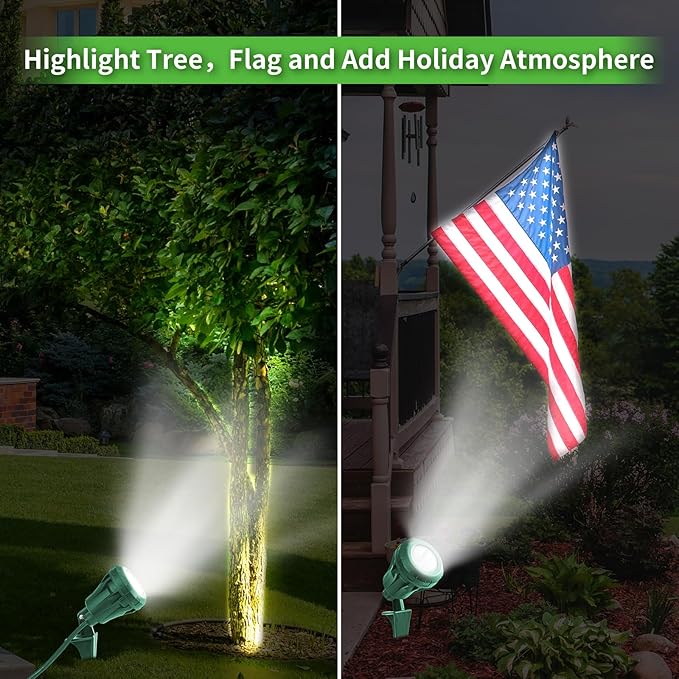LED Christmas Spotlight Outdoor Plug in, 800LM Waterproof Flood Lights with 5 Extra Lenses (Red Green Blue Purple Orange), 5000K Landscape Light for Yard, Flag, Holiday Decor, ETL Listed, 2 Pack