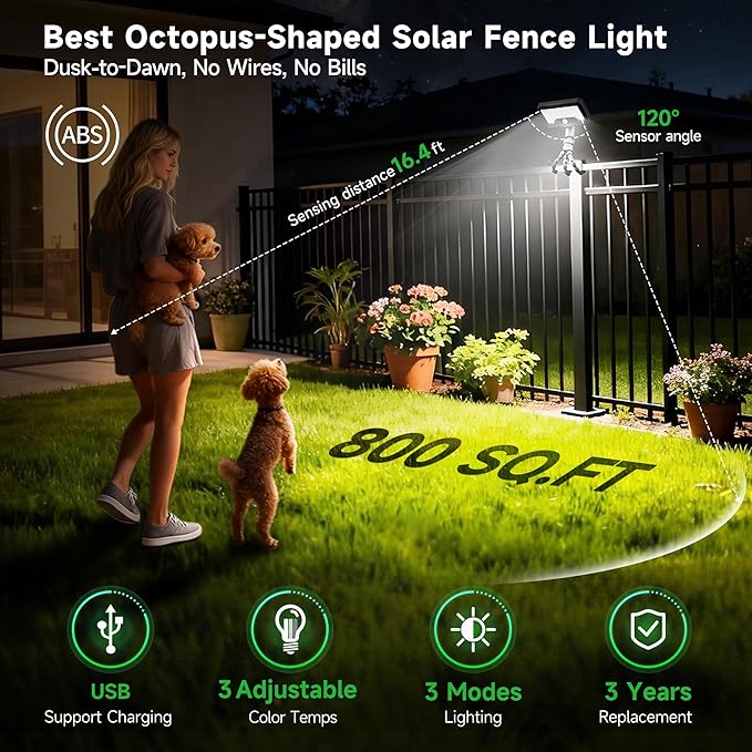Motion Sensor Solar Light with Flexible Octopus Tripod, 600LM Lights with 3CCT, IP65 Waterproof Adjustable Fixture Black for Outdoor Garden Tree Porch Camping [1-Pack]