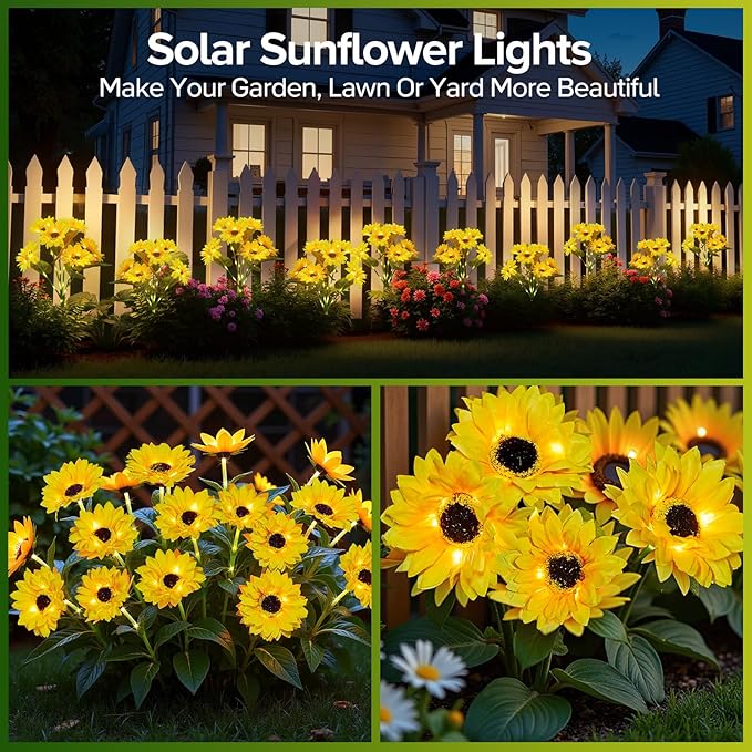 Solar Sunflower Lights Outdoor Waterproof - 3 Pack with 18 Bright Solar Sunflower Lights, IP65 Waterproof Light for Outdoor Flower Bed, Yard, Pathway, Patio Decor - for Mom, Women, Grandma