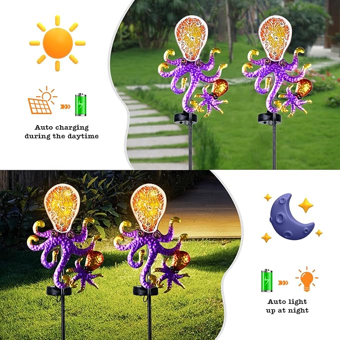 Yiosax-Solar Outdoor Lights Decorative-Yard Outdoor Decorative - Garden Stakes Octopus & Seahorse Decorative Waterproof 7 LED Light Decor Ocean Beach Theme for Lawn Path Yard Decoration Gift Idea