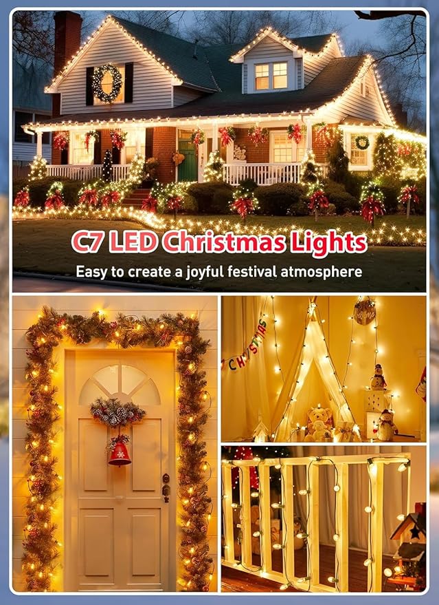 Brightown C7 Clear LED Christmas String Lights Outdoor, 100FT Connectable Vintage Hanging Lamps with 104 0.6W Bulbs(4 Spare) for Xmas Holiday Party Patio Roofline House Decor