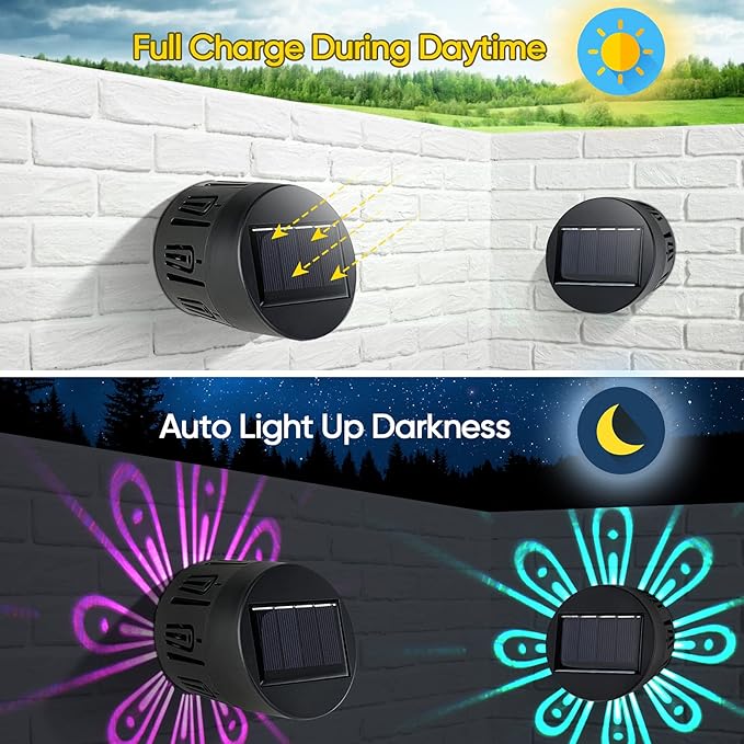 Solar Fence Lights Outdoor Decorative, Solar Deck Lights,Outside Garden Waterproof Steps Shadow Decoration Light,for Wall Patio Stair Yard Pathway Courtyard 7Colors Change 4Pack