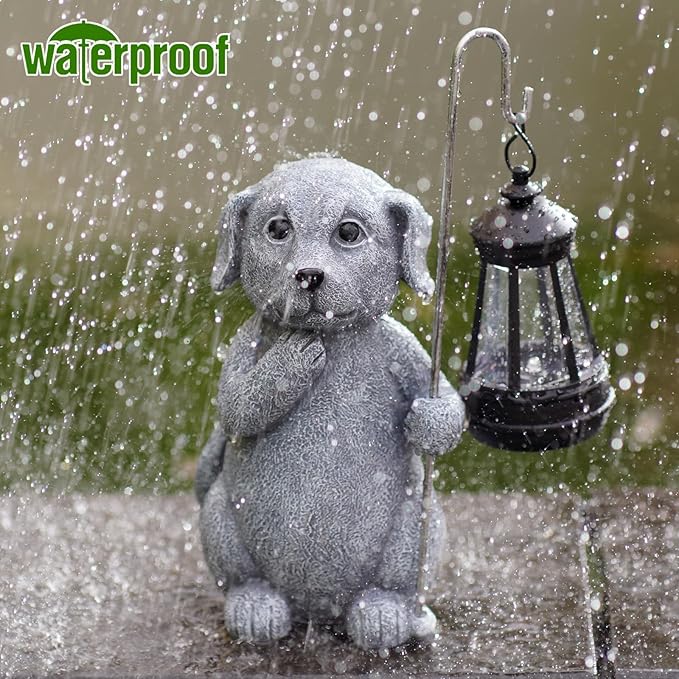 Qeeman Solar Dog for Garden Decor: Weatherproof Resin Statues with Lantern for Outdoor Outside Yard Pathway Patio Porch Balcony Decorations - Gifts for Mom Grandma Dog Lovers