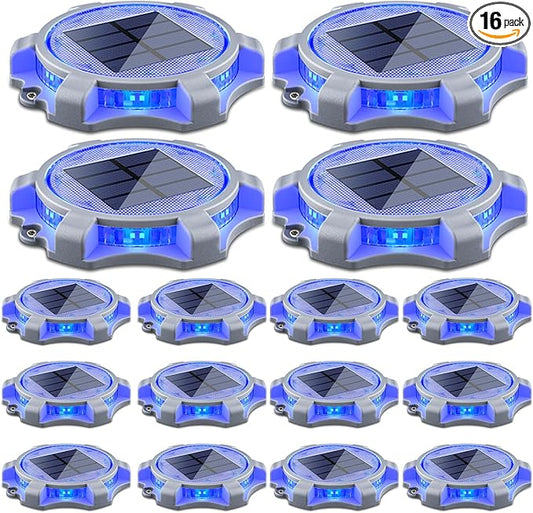 SIEDiNLAR Solar Deck Lights Outdoor 2 Modes LED Dock Light Driveway Markers Waterproof for Pathway Step Walkway Ground Stair Yard Road Garden 16 Pack (Blue/Red)
