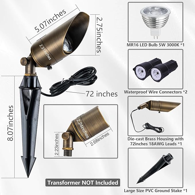 LumStory Brass Landscape Spotlight Low Voltage Landscape Lights 12V AC/DC Bronze Waterproof Shroud Adjustable | Lumora