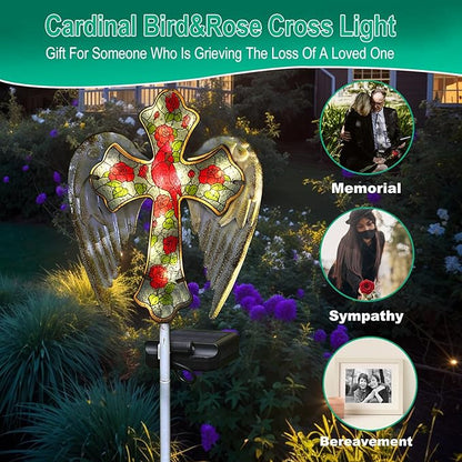 YJFWAL Cardinal Bird&Rose Cross Garden Stake Light, Solar Glass Cross for Cemetery Grave, Easter Cross Angel Wings Sympathy Memorial Gifts, Garden Lawn Yard Patio Decor