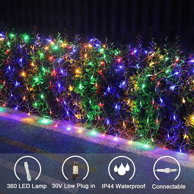 Lovelite 360 LED Net Lights, 21ft x 5ft Colorful Christmas Mesh Lights Clear Wire 8 Modes, Connectable Waterproof String Lights Outdoor for Bushes Tree Garden Holiday Wedding Party - Multicolour