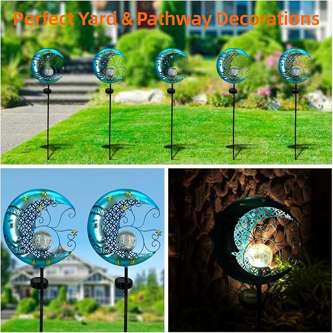 Solar Garden Lights Outdoor Waterproof Pathway Lights Moon Lantern with Crackle Glass Glass Globe Led Warm Light for Walkway,Backyard,Patio,Lawn,Pathway Decoration（Blue）