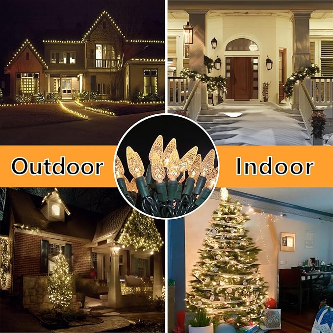 70 Count C6 Warm White Christmas Lights - 35.5ft Outdoor, Waterproof, Green Wire, IP65, UL Listed | Lumora