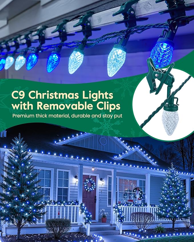 C9 LED Christmas Lights Outdoor with 100 Spring Clips, 65FT 100 LED C9 String Lights Waterproof Connectable for Roofline Patio House Yard Windows Xmas Tree Indoor Outdoor Christmas Decor, Blue White