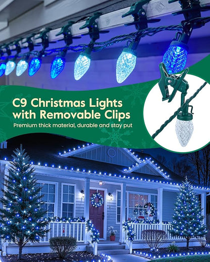 C9 LED Christmas Lights Outdoor with 100 Spring Clips, 65FT 100 LED C9 String Lights Waterproof Connectable for Roofline Patio House Yard Windows Xmas Tree Indoor Outdoor Christmas Decor, Blue White