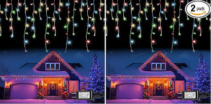 Dazzle Bright Christmas Icicle Lights, 88.5 FT 1080 LED 8 Modes Curtain Fairy Lights with 180 Drops, Xmas String Lights for Outdoor Holiday Wedding Party Decorations (Multi-Colored) (Pack of 2)