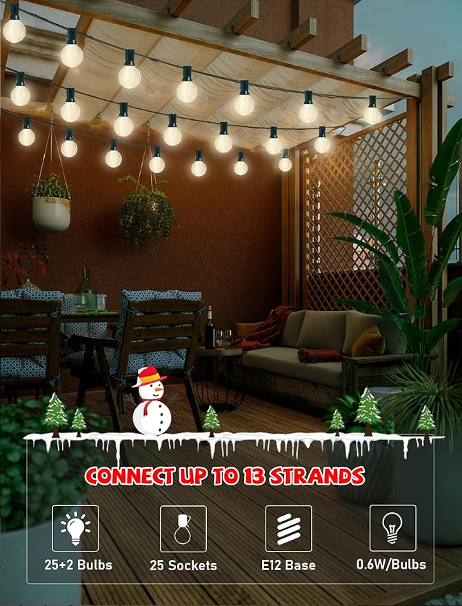 25ft Outdoor Christmas LED String Lights,G40 Frosted White Globe Lights with 27pcs Plastic Bulbs,Round Bulb | Lumora