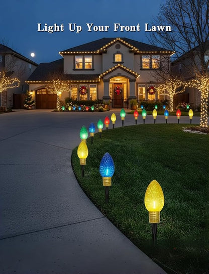 2 Pack Jumbo C9 Christmas Pathway Lights Outdoor, 7FT LED With Marker Stakes, Diamond Pattern Multicolor Light Bulb for Lawn Yard Garden Christmas Decor