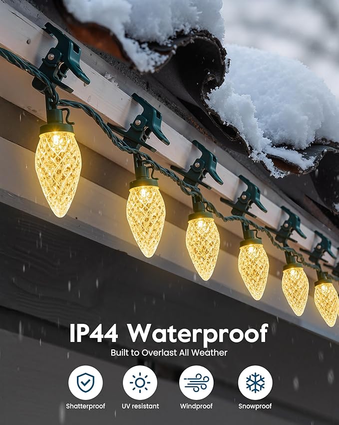 C9 LED Christmas Lights Outdoor with 100 Spring Clips, 65FT 100 LED C9 String Lights Waterproof Connectable for Outside Roofline Patio House Yard Windows Garden Christmas Decorations, Warm White