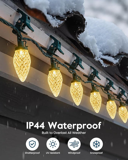 C9 LED Christmas Lights Outdoor with 100 Spring Clips, 65FT 100 LED C9 String Lights Waterproof Connectable for Outside Roofline Patio House Yard Windows Garden Christmas Decorations, Warm White