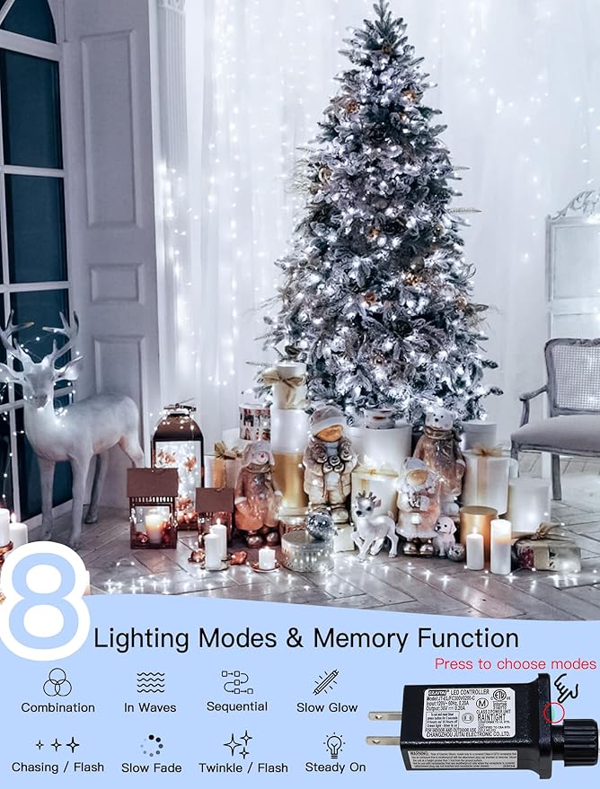 33FT 100 LEDs String Lights Waterproof Fairy Lights 8 Modes with Memory 30V Power Supply for Home, Garden, Wedding, Party, Christmas Decoration Indoor Outdoor (Cool White)