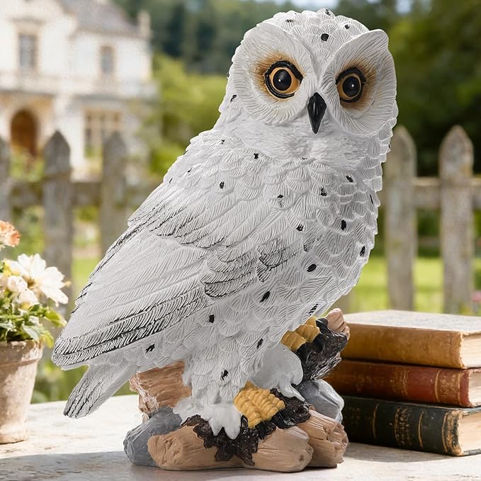 Solar Owl Garden Outdoor Statue,Owl Figurine Sculpture with LED Lights for Porch Patio Lawn Yard Deck Spring Decor - Ideal Easter Day Housewarming Christmas Gift for Women Men Owl Lover(White)