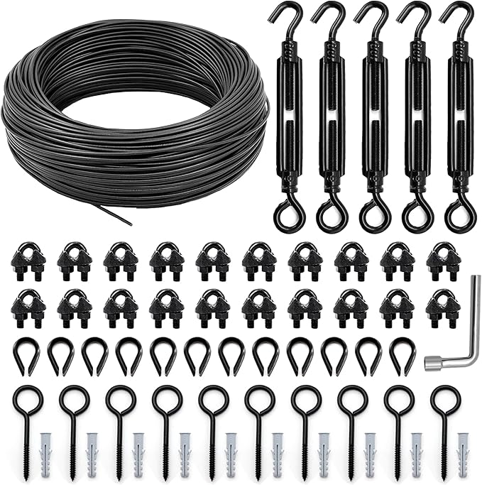 String Light Hanging Kit Outdoor, Full Black String Light Wire Hanging Kit Includ 100FT PVC Coated Steel Cable | Lumora