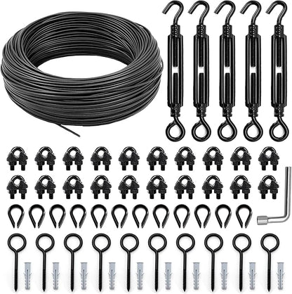 String Light Hanging Kit Outdoor, Full Black String Light Wire Hanging Kit Includ 100FT PVC Coated Steel Cable w/Enough Accessories, Guide Wire for Outdoor String Lights, Patio Lights