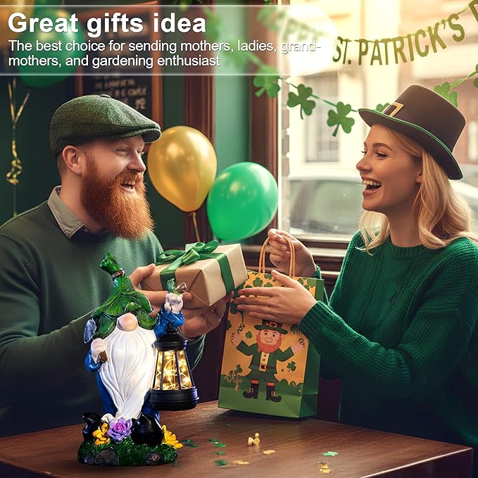 Solar Garden Gnome Statue – St Patrick’s Day Outdoor Decorations Funny Leprechaun Figurine with LED Lantern Waterproof Resin Leaf Hat Dwarf Sculpture for Patio Lawn Yard Art and Housewarming Gift