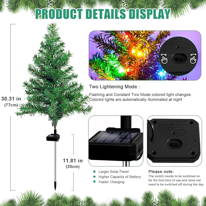Solar Christmas Tree 4 Pack Garden Stake Light Waterproof Outdoor Christmas Decorations,2 Modes Solar Xmas Christmas Lights for Yard Front Porch Pathway Grave Garden Decor