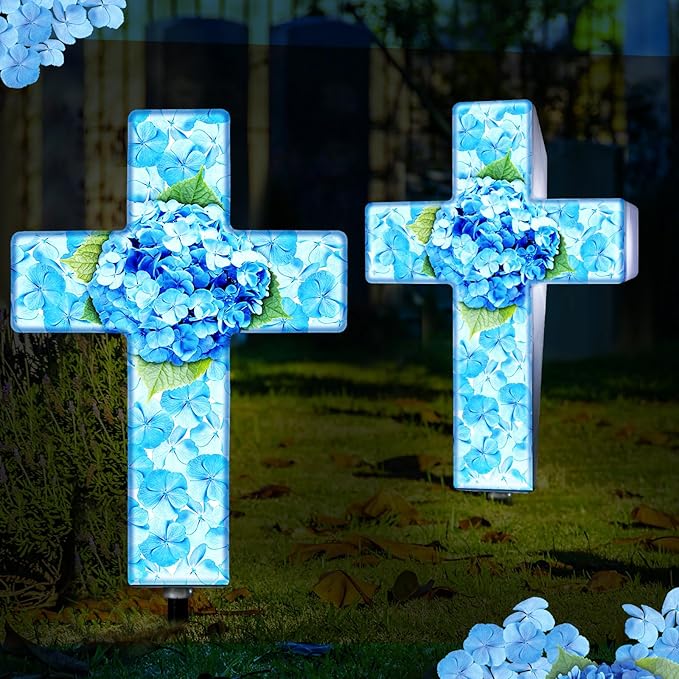 Yousoontic Hydrangea Solar Stake Light for Outdoor Memorial Hydrangea Garden Cross Stake Light for Grave Cemetery Blue Flower Solar Cross Garden Decor for Home Patio Yard Pathway Lawn Decoration