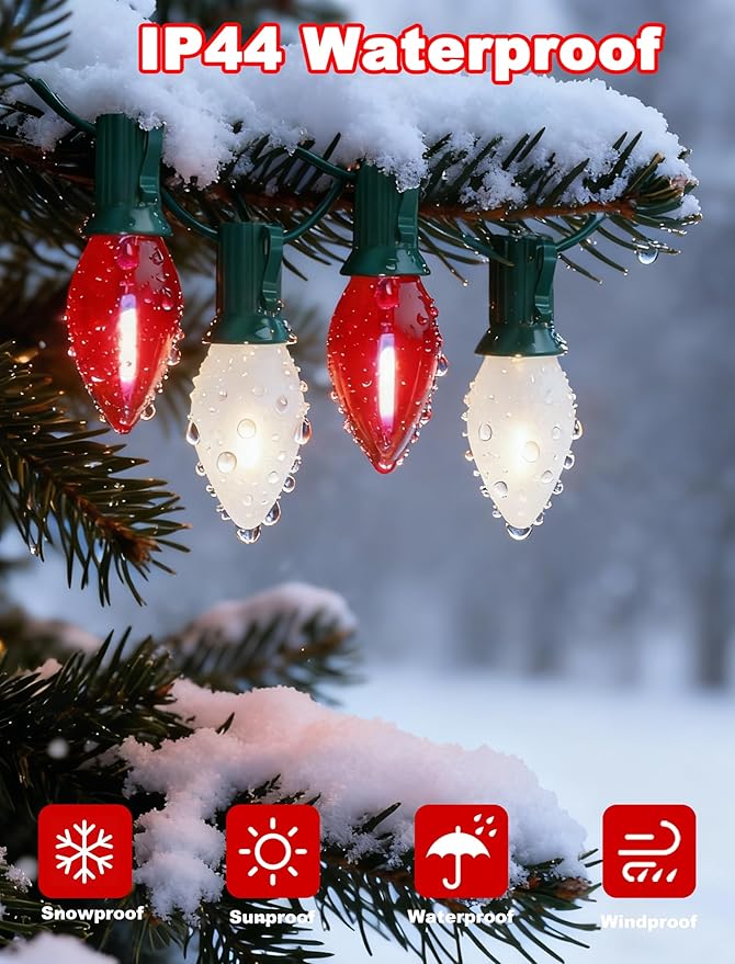 Red and White Christmas Lights Outdoor,25ft C7 LED Christmas Lights with 27 Transparent Red and Frosted White Bulbs,Connectable Vintage Light for Patio Xmas Garden Party Holiday Decor