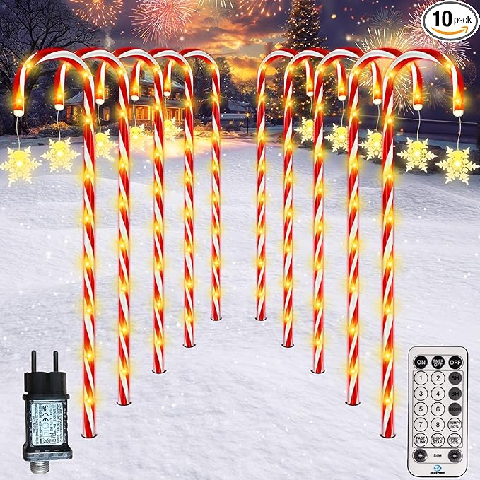 HELESIN Light Chain Candy Cane, 10 Pieces Raised Design Candy Sticks LED Outdoor, 110LED 12 Modes Candy Sticks Lighted, Waterproof Snowflake Christmas Lighting for Garden Christmas Decor