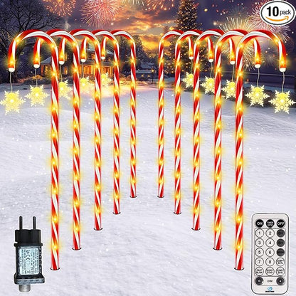 HELESIN Light Chain Candy Cane, 10 Pieces Raised Design Candy Sticks LED Outdoor, 110LED 12 Modes Candy Sticks Lighted, Waterproof Snowflake Christmas Lighting for Garden Christmas Decor