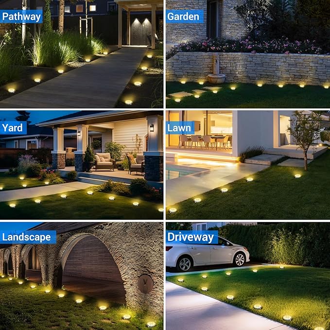 Peasur Solar Ground Lights Outdoor, 8 Pack Flat Solar Powered Disc Lights, IP68 Waterproof, Anti-Rust, Landscape | Lumora