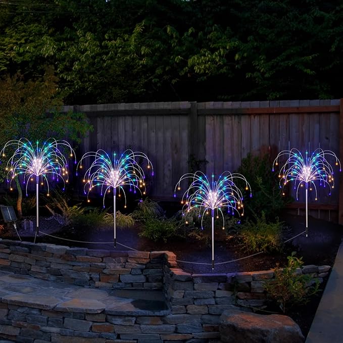 Presence Solar Garden Lights Outdoor Waterproof - 4 Pcs with 8 Modes, 120 LED Multicolor Firework Lights for Yard, Path, Patio, Flowerbed