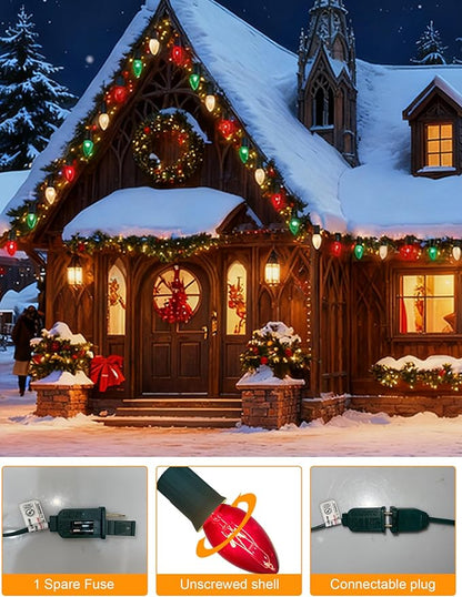 C9 Red White and Green Christmas Lights Outdoor, 25FT Vintage Christmas Tree Light with 26 C9 Clear Multicolor Bulbs, Hanging Outdoor Christmas Lights for Holiday Roofline Patio Garden Party Decor