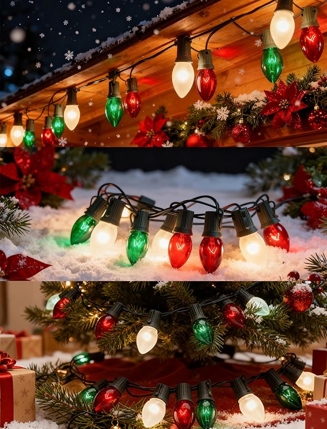C9 Red White and Green Christmas Lights Outdoor, 25FT Vintage Christmas Tree Light with 26 C9 Clear Multicolor Bulbs, Hanging Outdoor Christmas Lights for Holiday Roofline Patio Garden Party Decor