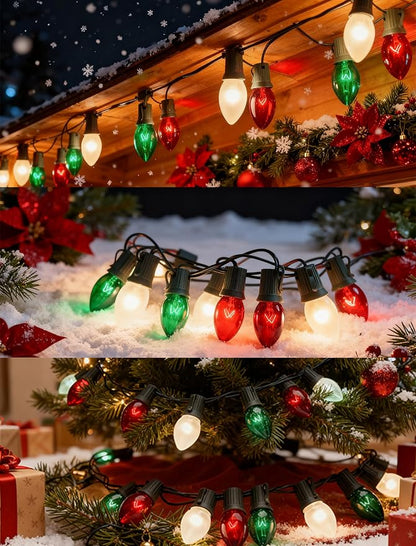 C9 Red White and Green Christmas Lights Outdoor, 25FT Vintage Christmas Tree Light with 26 C9 Clear Multicolor Bulbs, Hanging Outdoor Christmas Lights for Holiday Roofline Patio Garden Party Decor