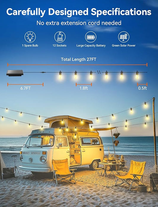 Brightever Solar Powered Outdoor String Lights with Remote, 27FT Commercial Grade Waterproof Solar Patio Lights, 12+1 Shatterproof LED Bulbs 3 Lighting Modes, Dimmable Solar Lighting for Outside