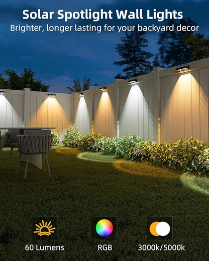 Solar Fence Lights 2 Pack, Warm White, Cool White and RGB Color Glow LED Solar Light, IP65 Waterproof Fence Lights Solar Powered for Patio, Deck and Wall