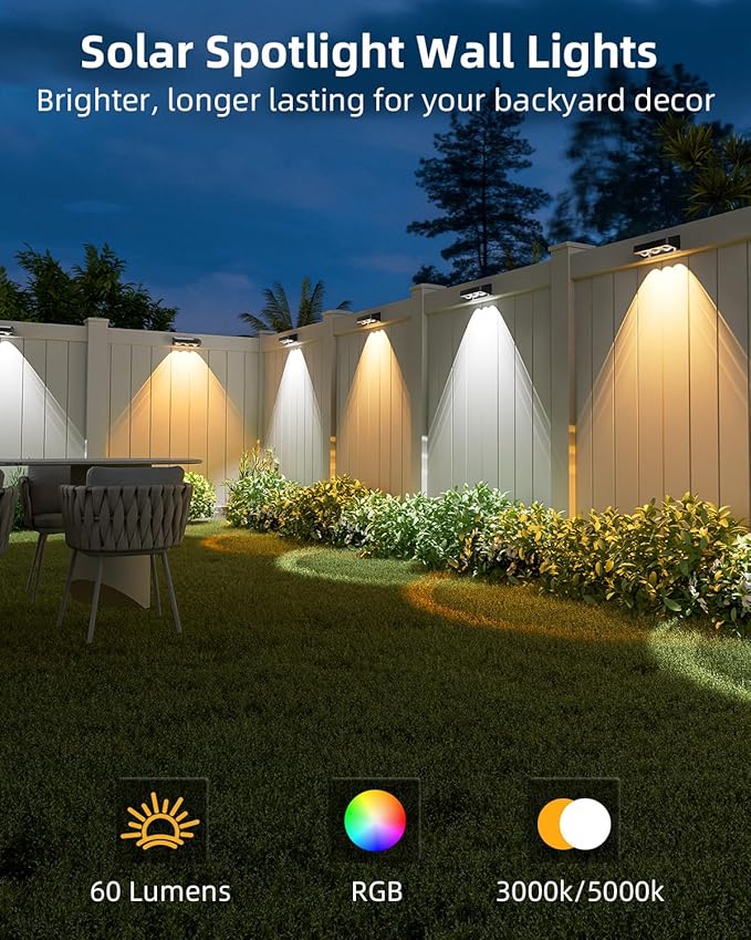 Solar Fence Lights Outdoor, 4 Pack, 9 Fixed Colors ＆ Color Changing Fence Lights Solar Powered Waterproof IP65 Dusk-to-Dawn LED Deck Lighting for Patio, Railing, Pool, Porch, Backyard, Wall