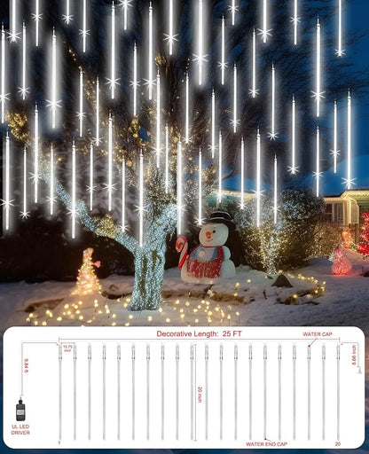 Meteor Shower Lights Outdoor Christmas Lights UL Certified Falling Rain Drop Snowfall Icicle Cascading String Light for Xmas Holiday Tree Wedding Party Garden Decor White, 20 Inch 20 Tubes