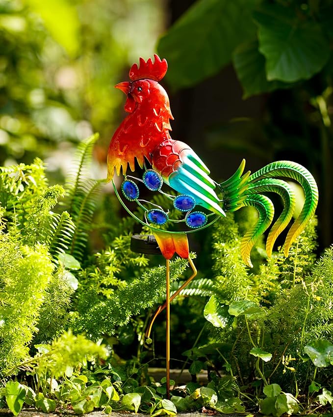 GDF 20" Chicken Decor - Outdoor Rooster Decor Solar Lights -Metal Rooster Garden Decorations for Yard Pathway Lawn Patio Courtyard for Her/Him (Updated)