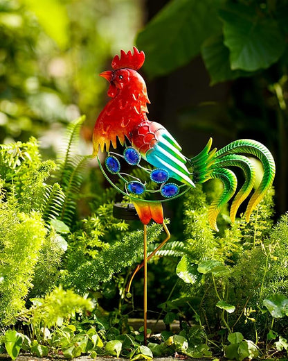 GDF 20" Chicken Decor - Outdoor Rooster Decor Solar Lights -Metal Rooster Garden Decorations for Yard Pathway Lawn Patio Courtyard for Her/Him (Updated)
