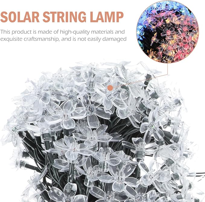 Lurrose Solar-Powered Cherry Blossom String Lamp LED Outdoor Flower-Shaped Decorative Lights with Modes for Garden Patio Wedding Party Festival