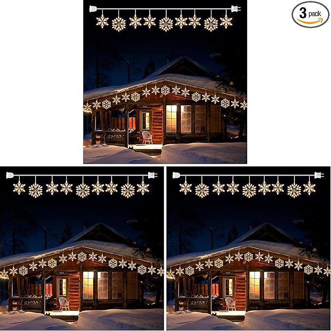 Minetom Snowflake Christmas String Lights with 9 Drops - 13ft 150 Mini Bulb Icicle Lights with Clips, Plug-in Connectable Hanging Lights for Front Porch House Tree Decor Holiday Décor (Pack of 3)