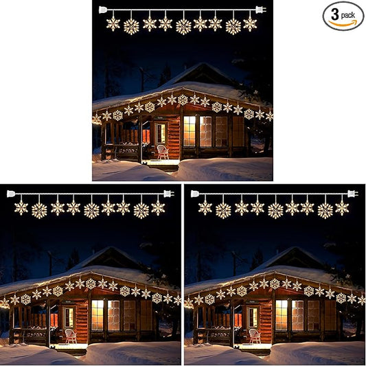 Minetom Snowflake Christmas String Lights with 9 Drops - 13ft 150 Mini Bulb Icicle Lights with Clips, Plug-in Connectable Hanging Lights for Front Porch House Tree Decor Holiday Décor (Pack of 3)