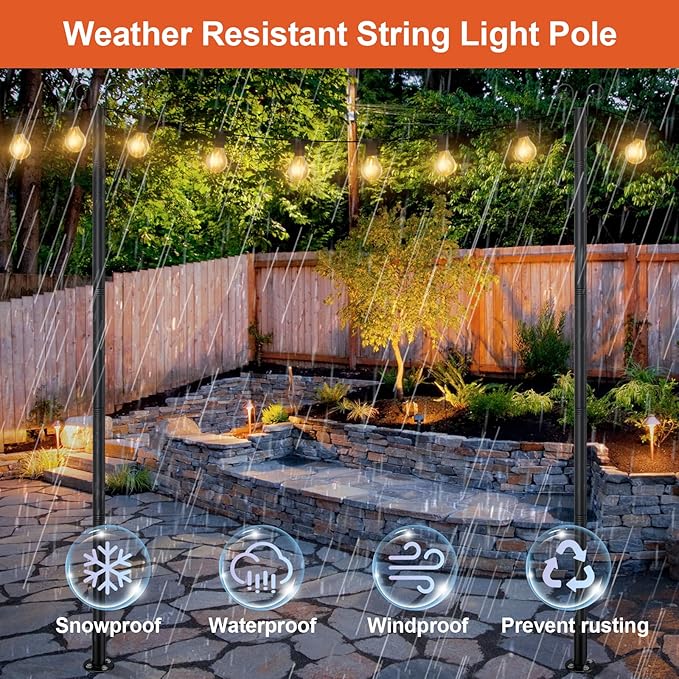 String Light Poles for Outside, 11FT Outdoor String Light Pole Heavy Duty Metal Lights Pole Stand with Flange Base | Lumora