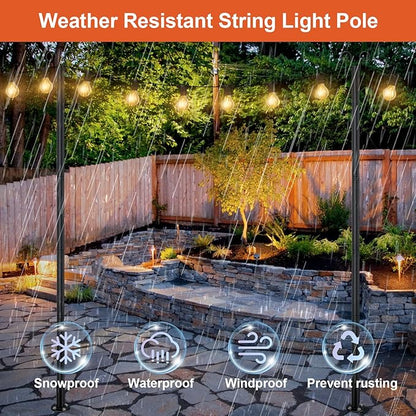 String Light Poles for Outside, 11FT Outdoor String Light Pole Heavy Duty Metal Lights Pole Stand with Flange Base Clips for Deck Fence Wall Concrete Patio Garden Backyard Balcony Wedding Party, 1PC