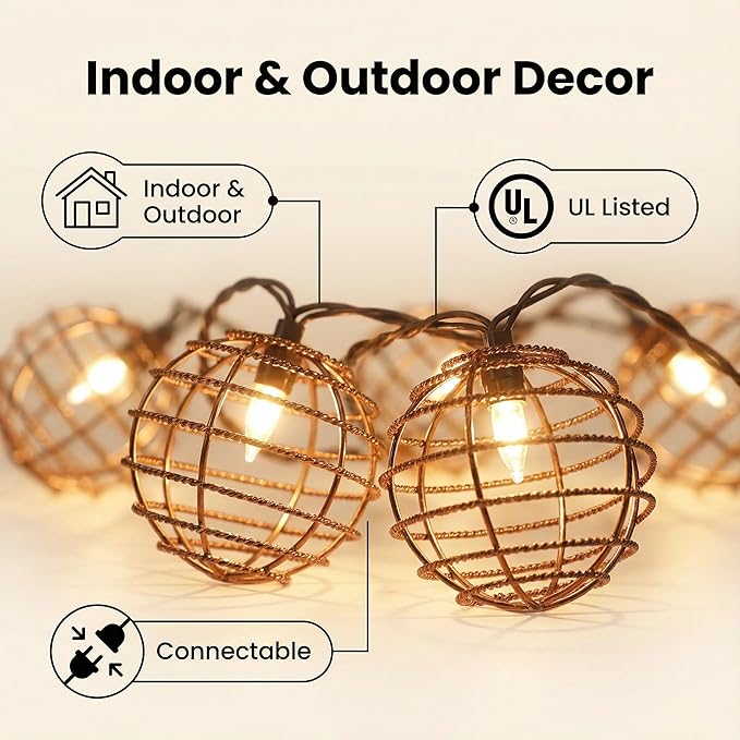 Decorative Indoor Outdoor String Lights, 10 Bulbs Patio Globe Vintage Lantern String Light, Iron Wire Twist Ball Covers, UL Listed Plug In Connectable Lights for Bedroom Porch Backyard Mantel Decor
